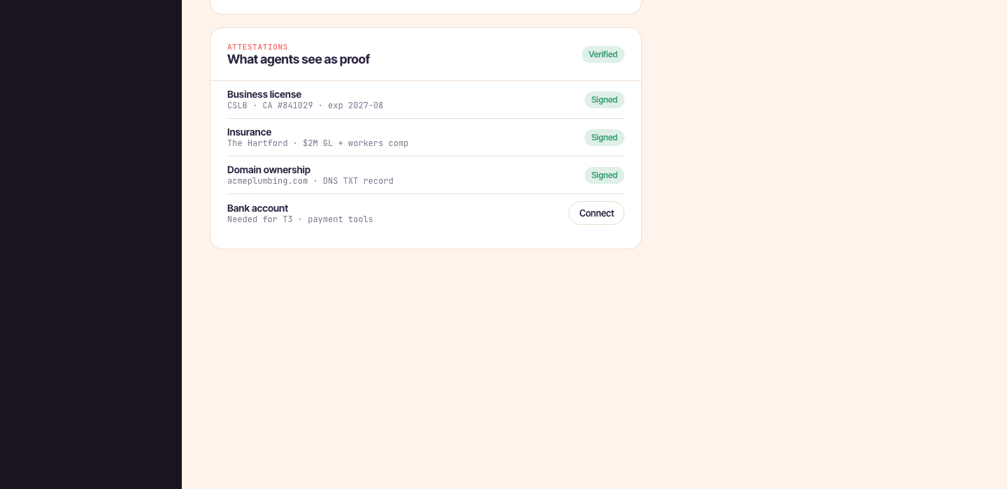 Attestations panel — what agents see as proof, with signed/verified rows