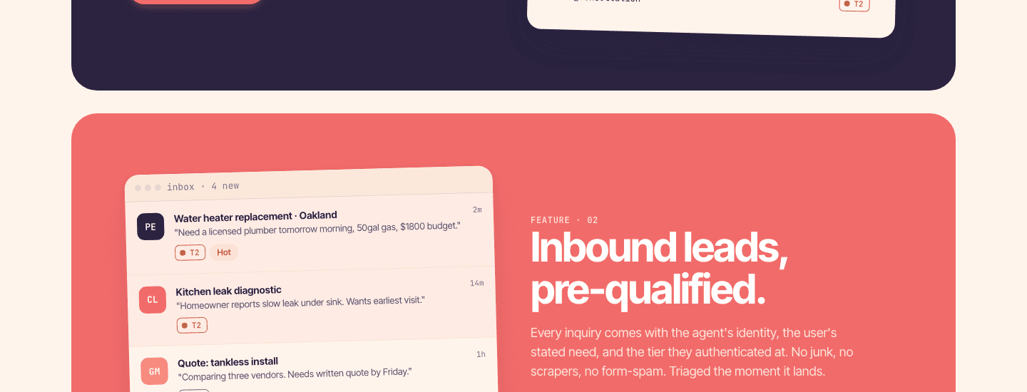 Inbound leads, pre-qualified — inbox mock