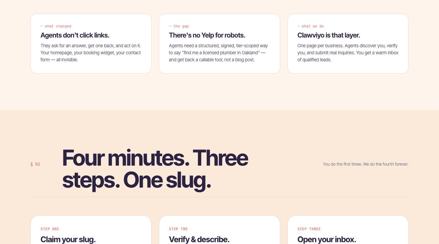Three steps — claim your slug, verify and describe, open your inbox