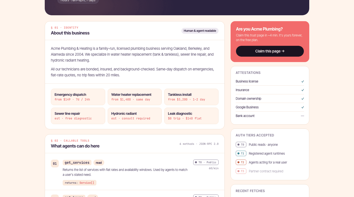 Trust page about-this-business + claim panel + attestations sidebar