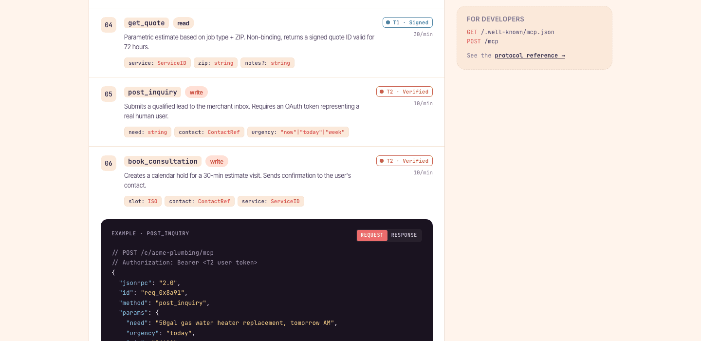 Trust page T2-verified post_inquiry + book_consultation + an example POST request body