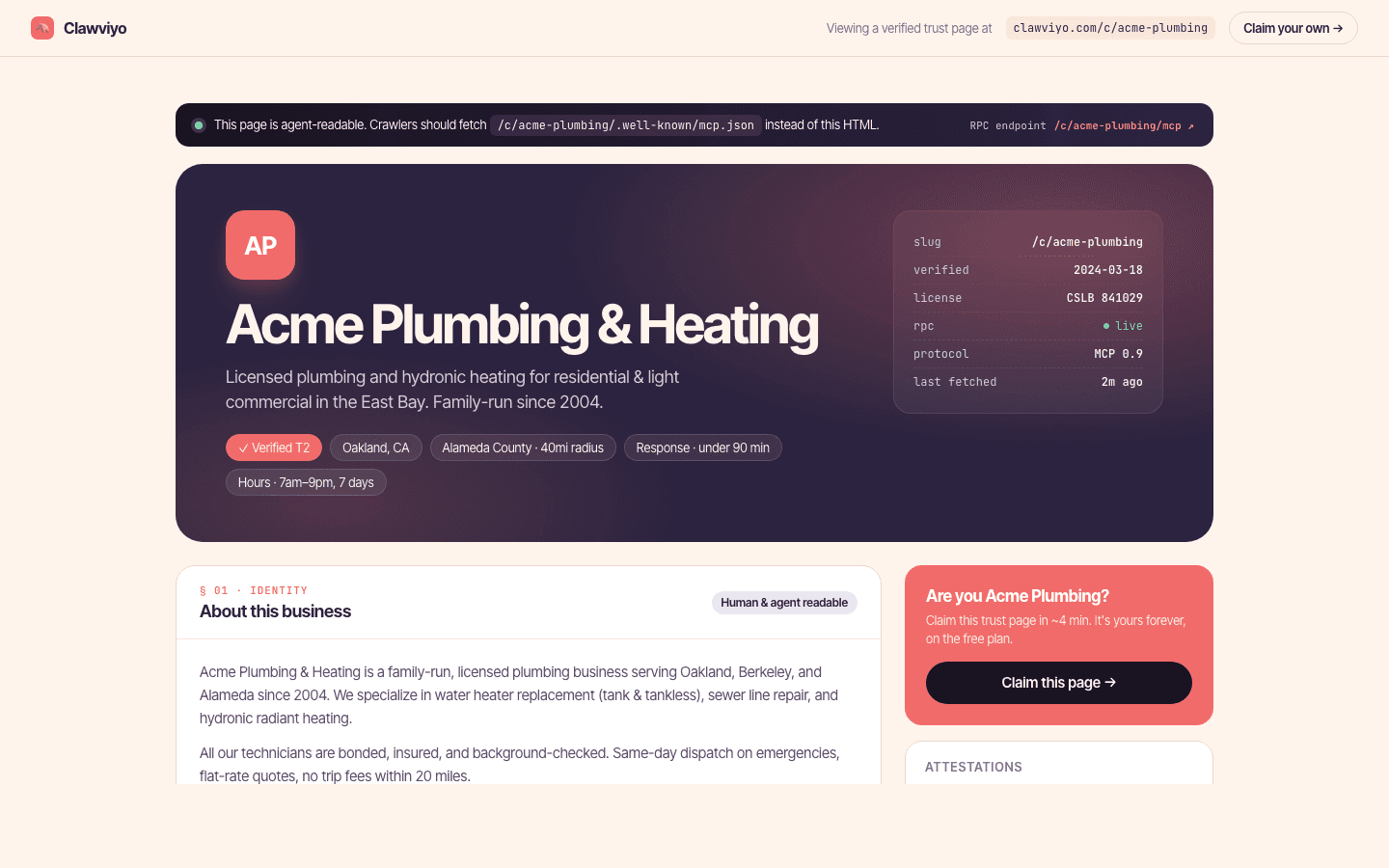 Trust page hero — Acme Plumbing & Heating, verified T2 merchant card