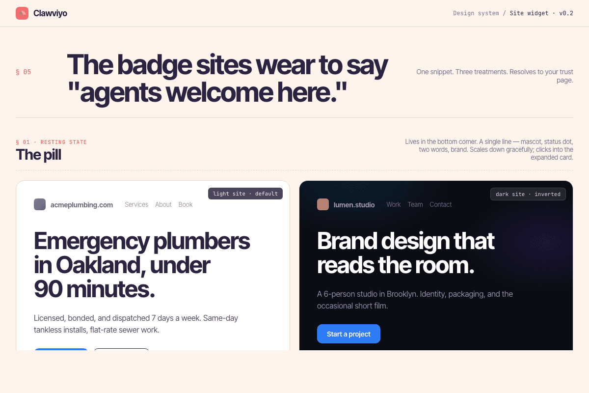 Embed widget — the badge sites wear to say agents welcome here, light and dark variants