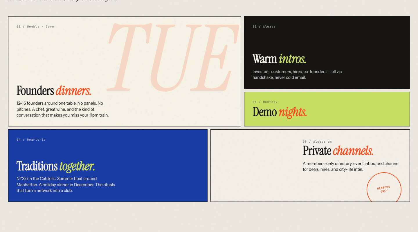 Bento grid: Founders dinners, Warm intros, Demo nights, Traditions, Private channels with a giant TUE serif watermark