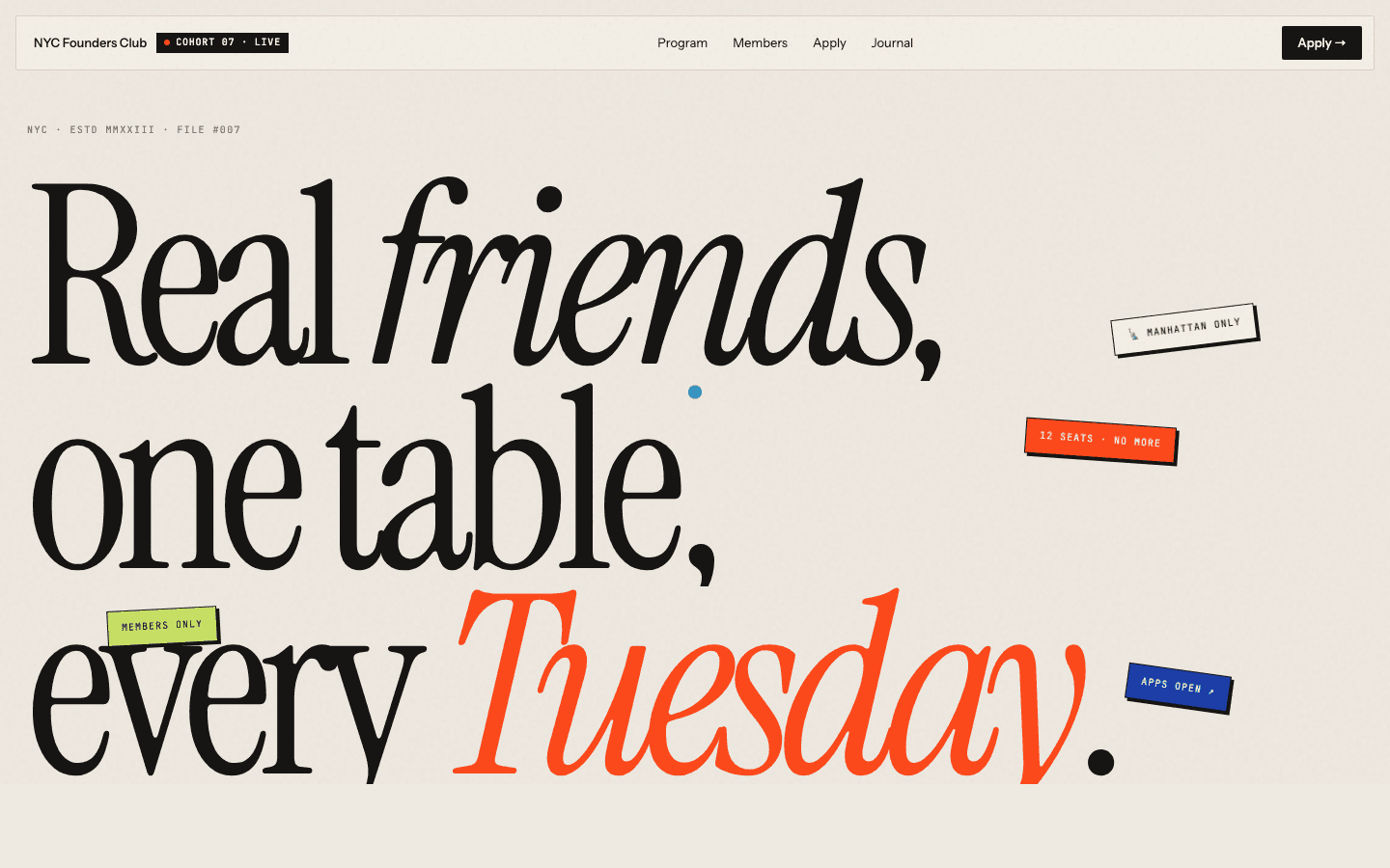 Marketing landing — Real friends, one table, every Tuesday