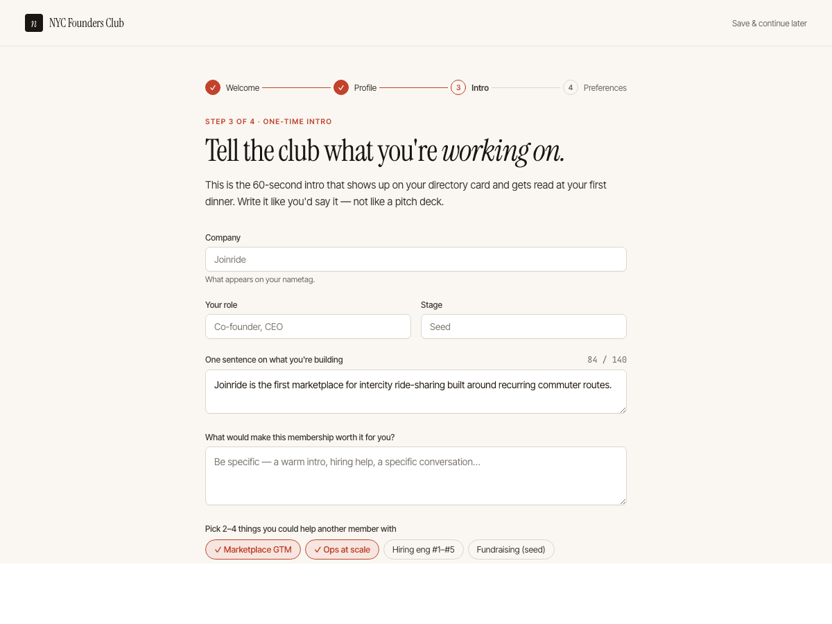 Onboarding step 3: Tell the club what you're working on — company, role, stage, bio textarea, help-with tag cloud