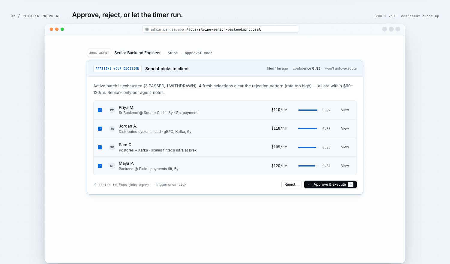 Pending proposal close-up — agent has selected 4 candidates and is awaiting human approval before sending picks to the client